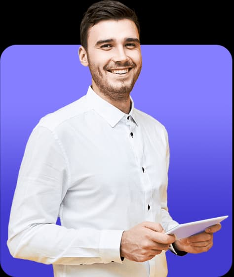 A happy customer holding a tablet