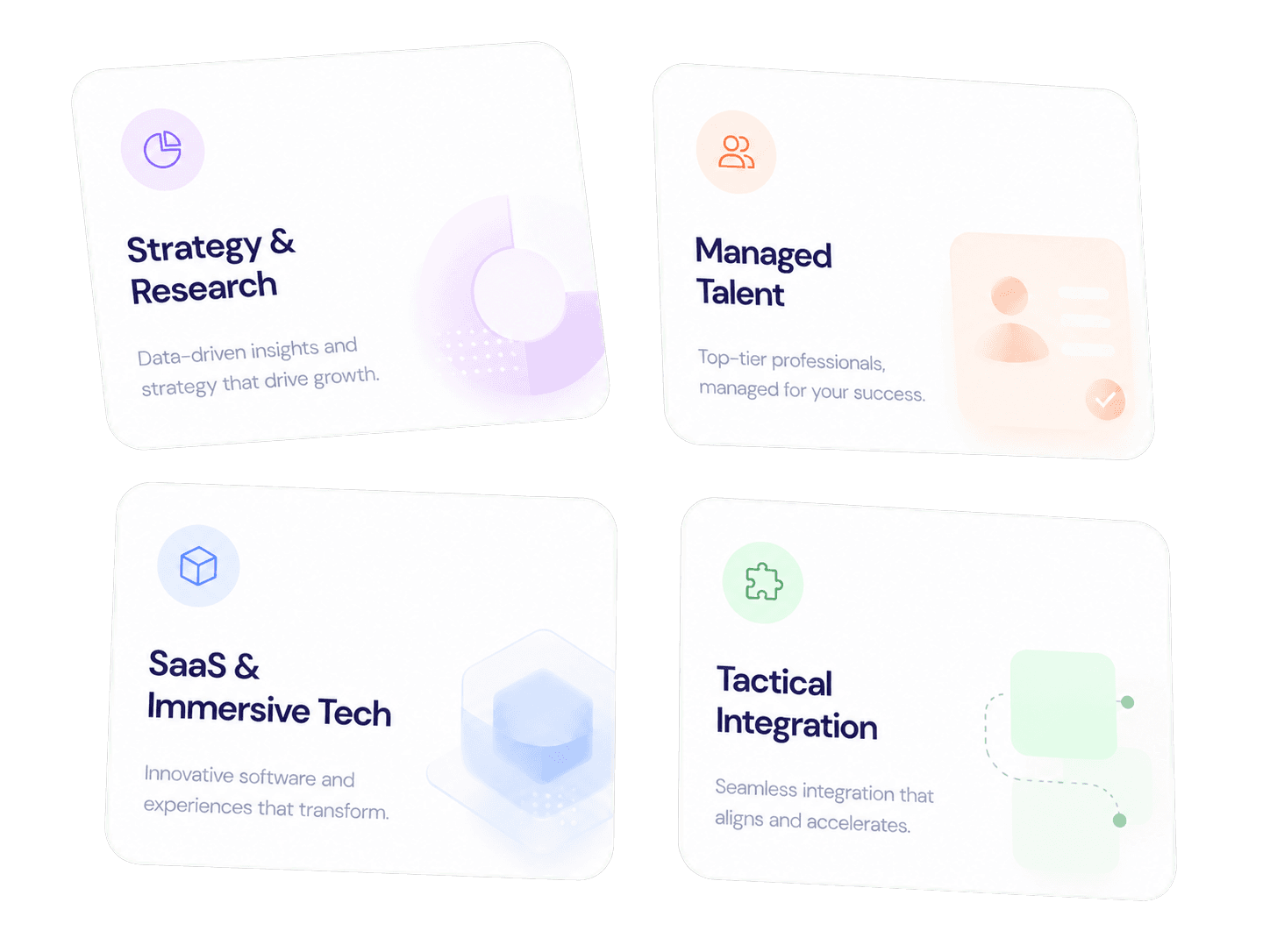 Four cards highlighting strategy, talent, software, and integration services
